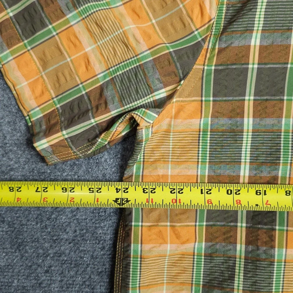 The North Face Plaid Button Up Shirt Mens XL Short Sleeve Orange Green Hiking